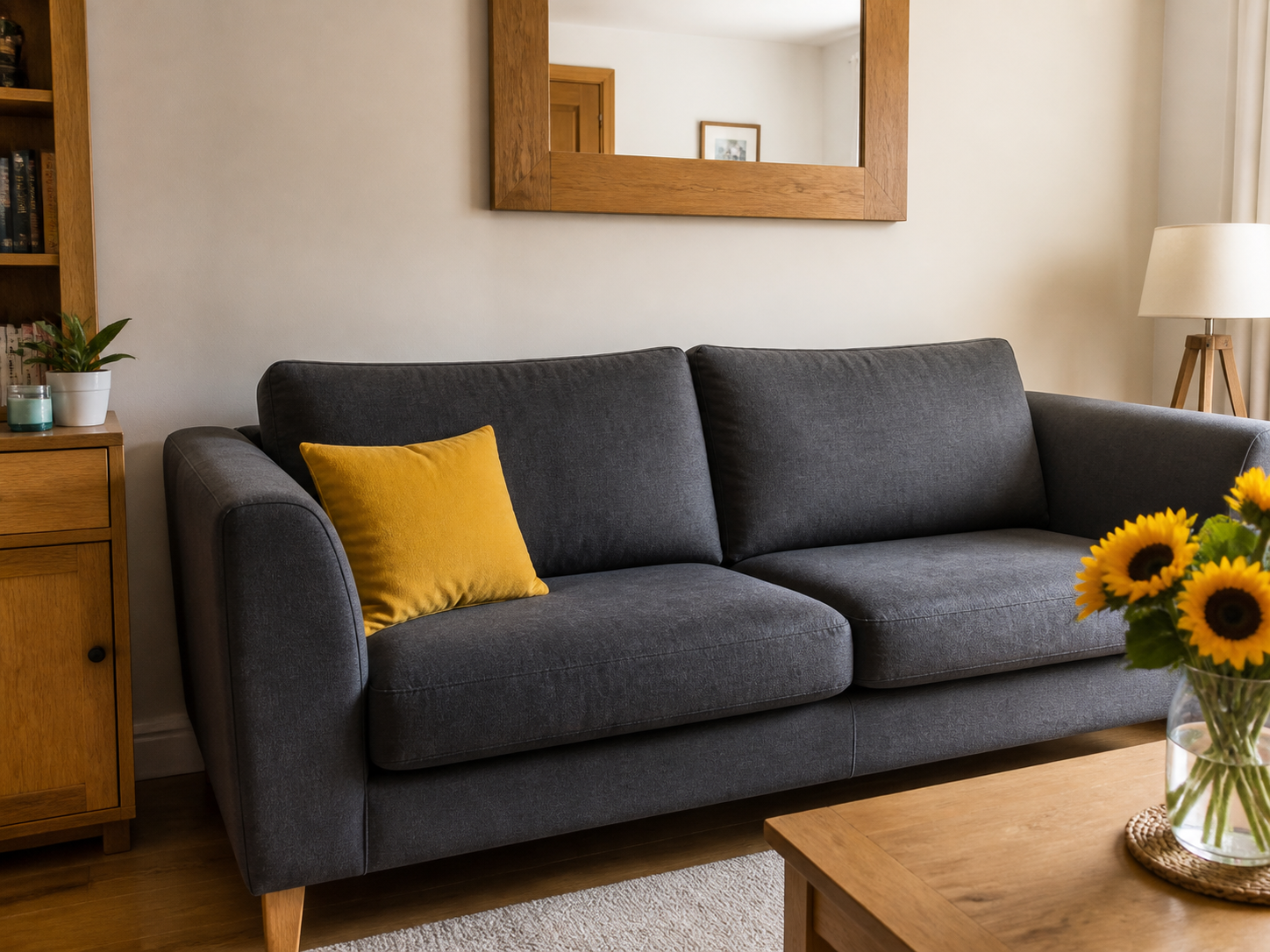 Professionally refreshed charcoal fabric sofa in a warm living room.