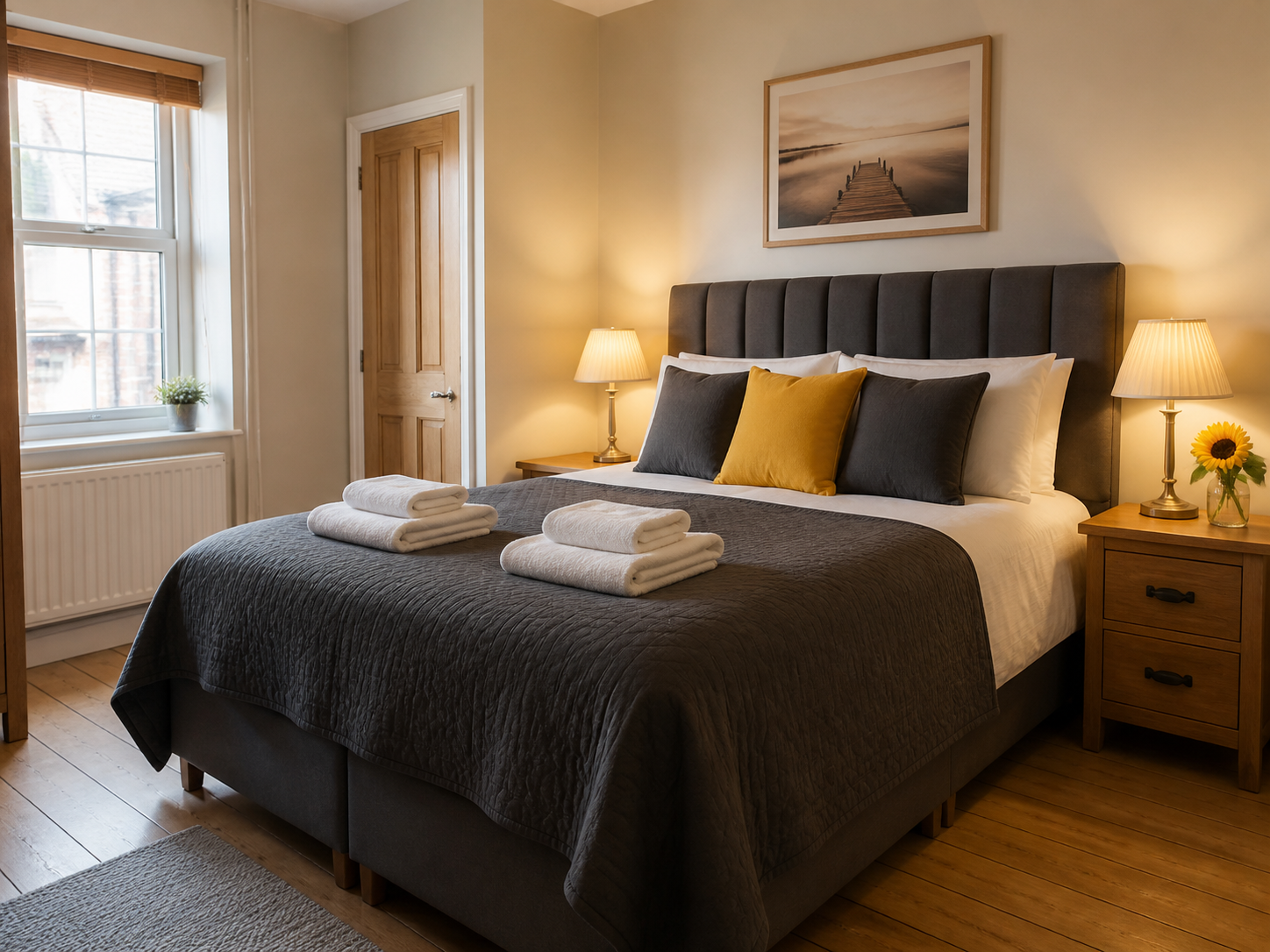 Fresh Airbnb-ready bedroom with neatly folded towels and charcoal bedding.