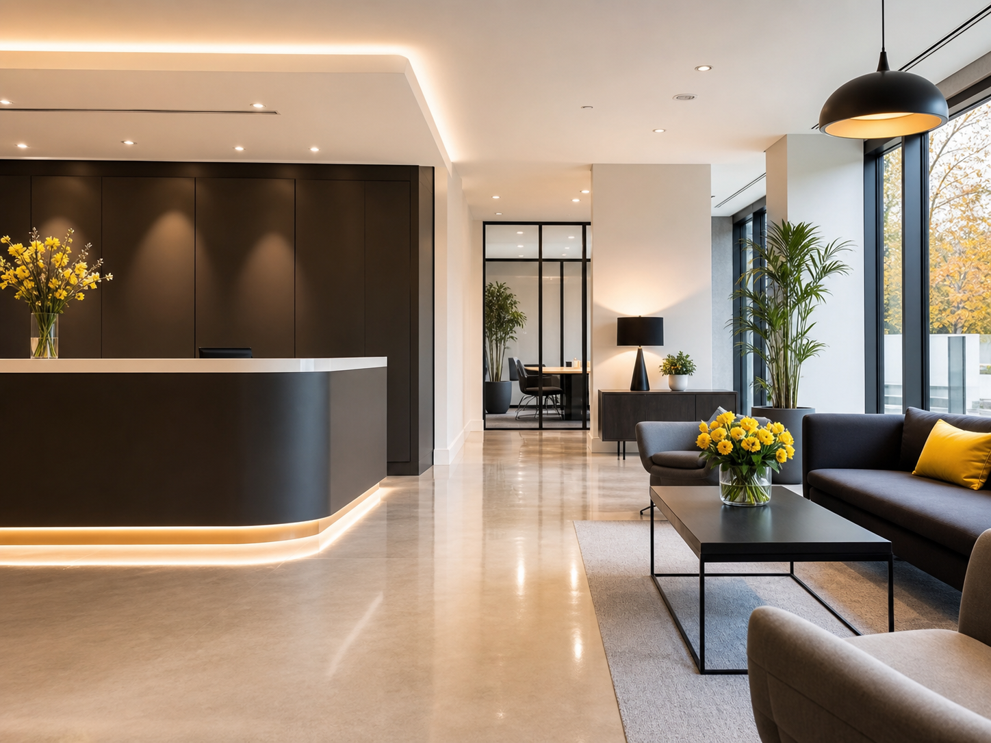 Spotless modern commercial reception and lounge area.