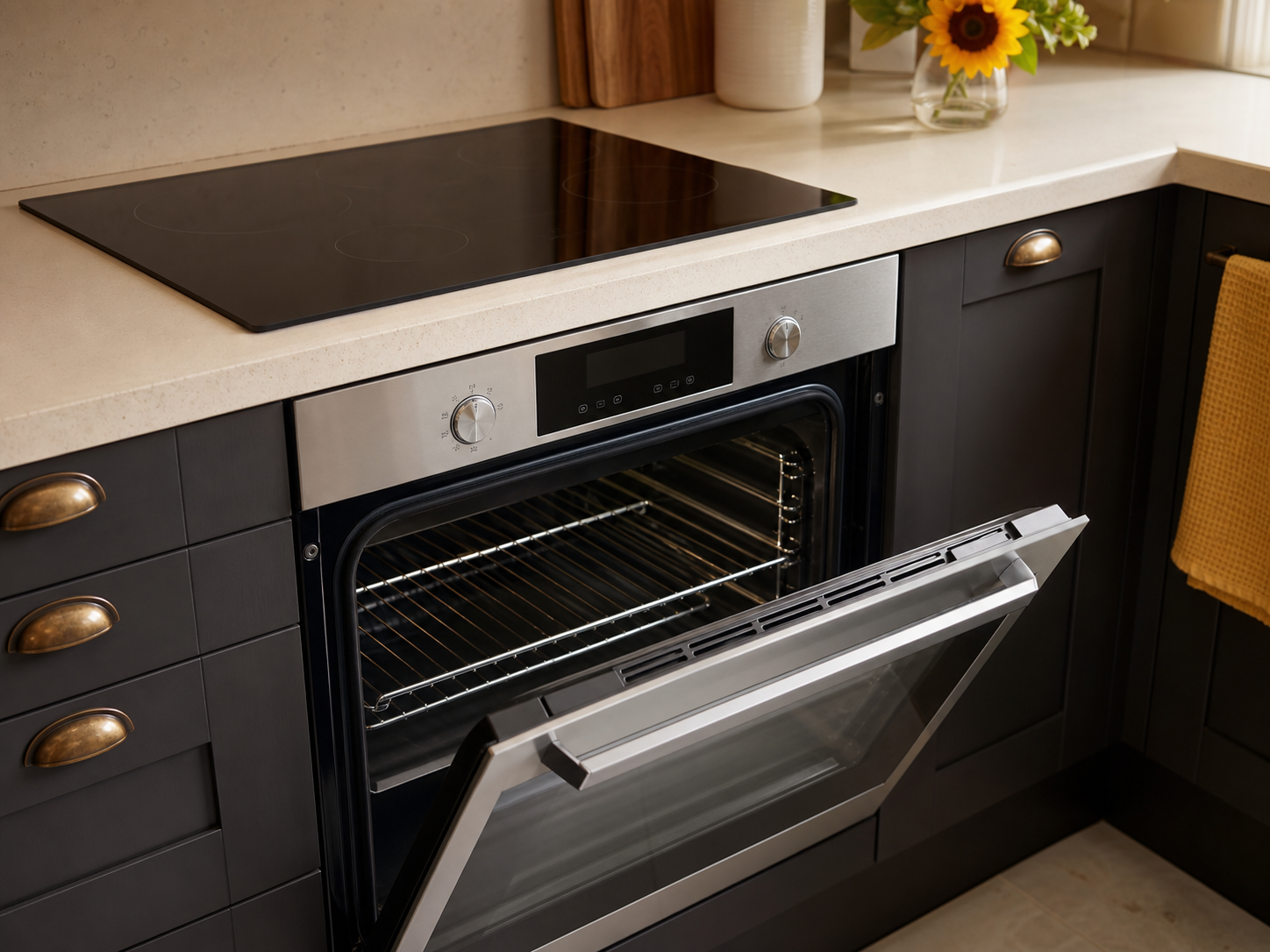 Immaculately cleaned black glass hob and stainless steel oven.