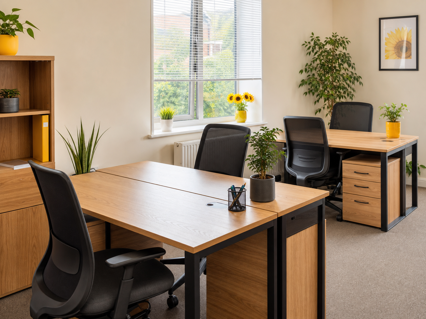 Clean contemporary office with tidy desks and charcoal chairs.