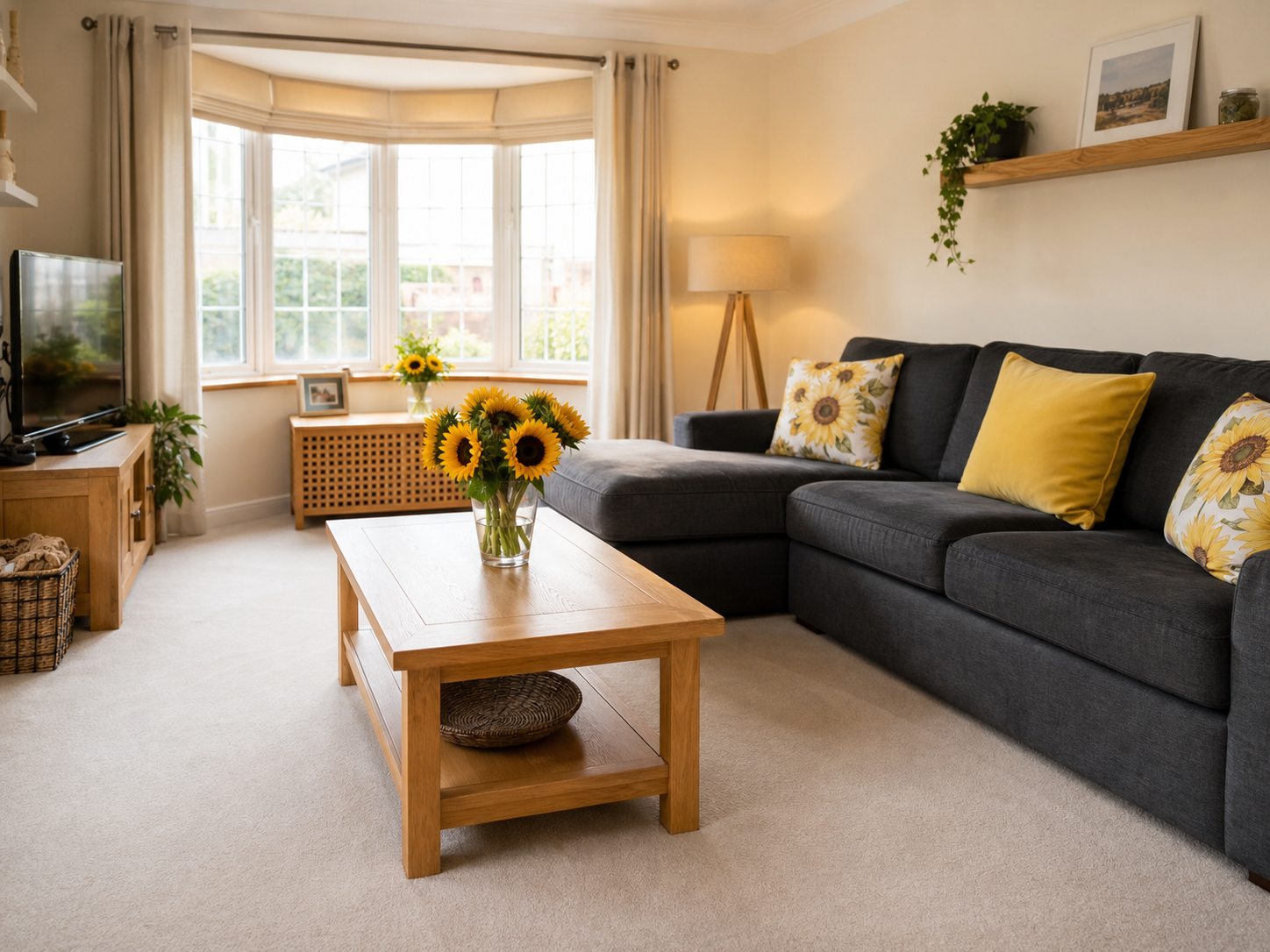 Freshly cleaned family living room with charcoal and sunflower accents.